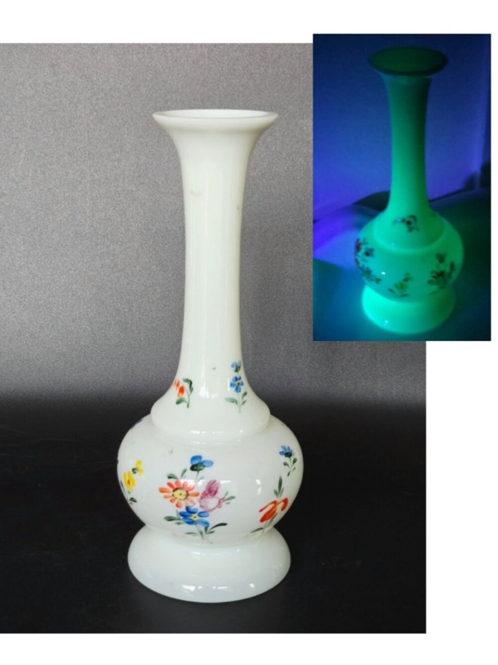 Hand-Painted Uranium Glass Vase  With Floral Design Glows Under UV Light